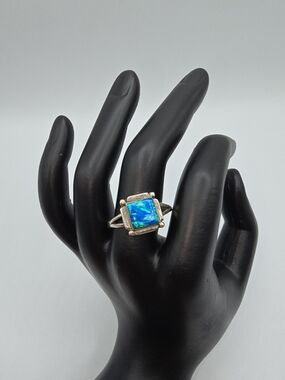 VTG Sterling Silver Blue Green Opal Ring Square Signed D•E Mark, Sz 12.25